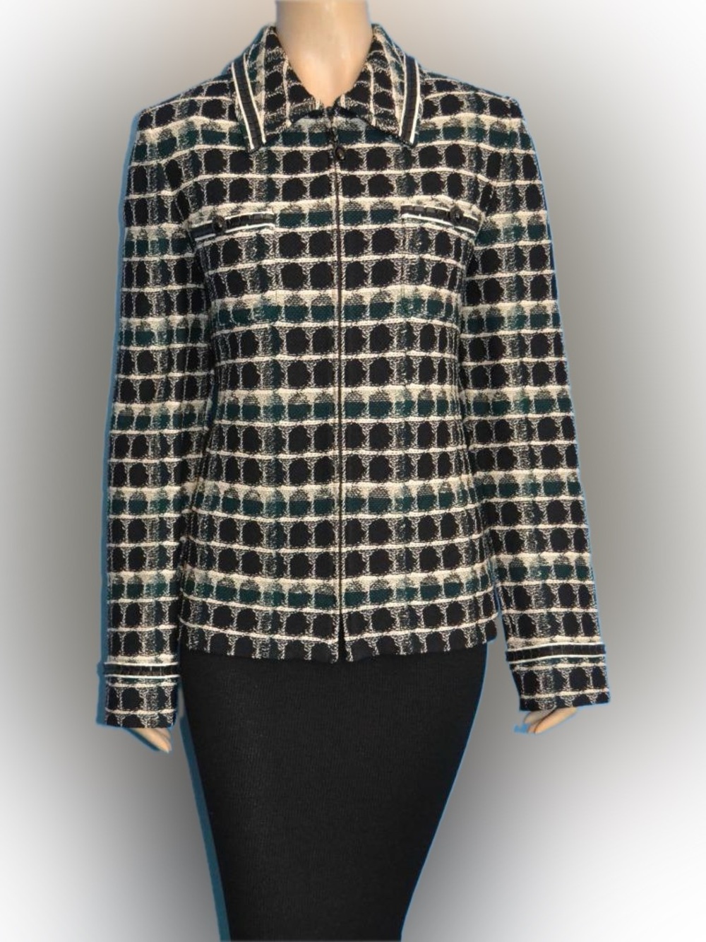 RARE EUC ST JOHN COLLECTION Knit Green Black Leather Trim JACKET. Size 10.